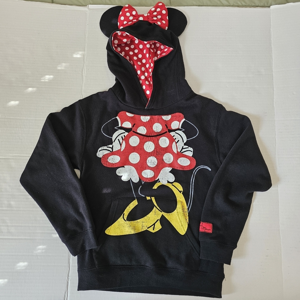 Disney Minnie Mouse Hoodie Youth Size L Black Red Sweatshirt Polka Dot Bow Hood